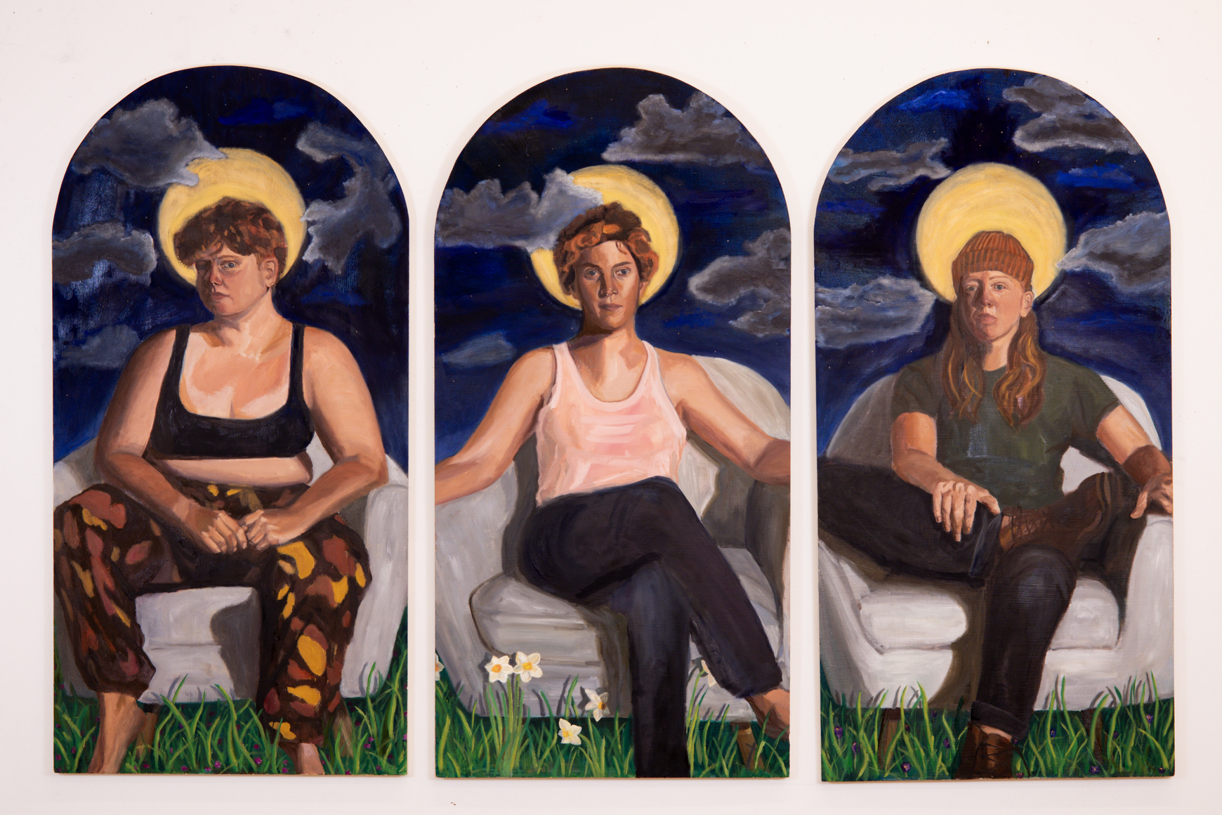 Three panel painting in an altarpiece style featuring three trans women