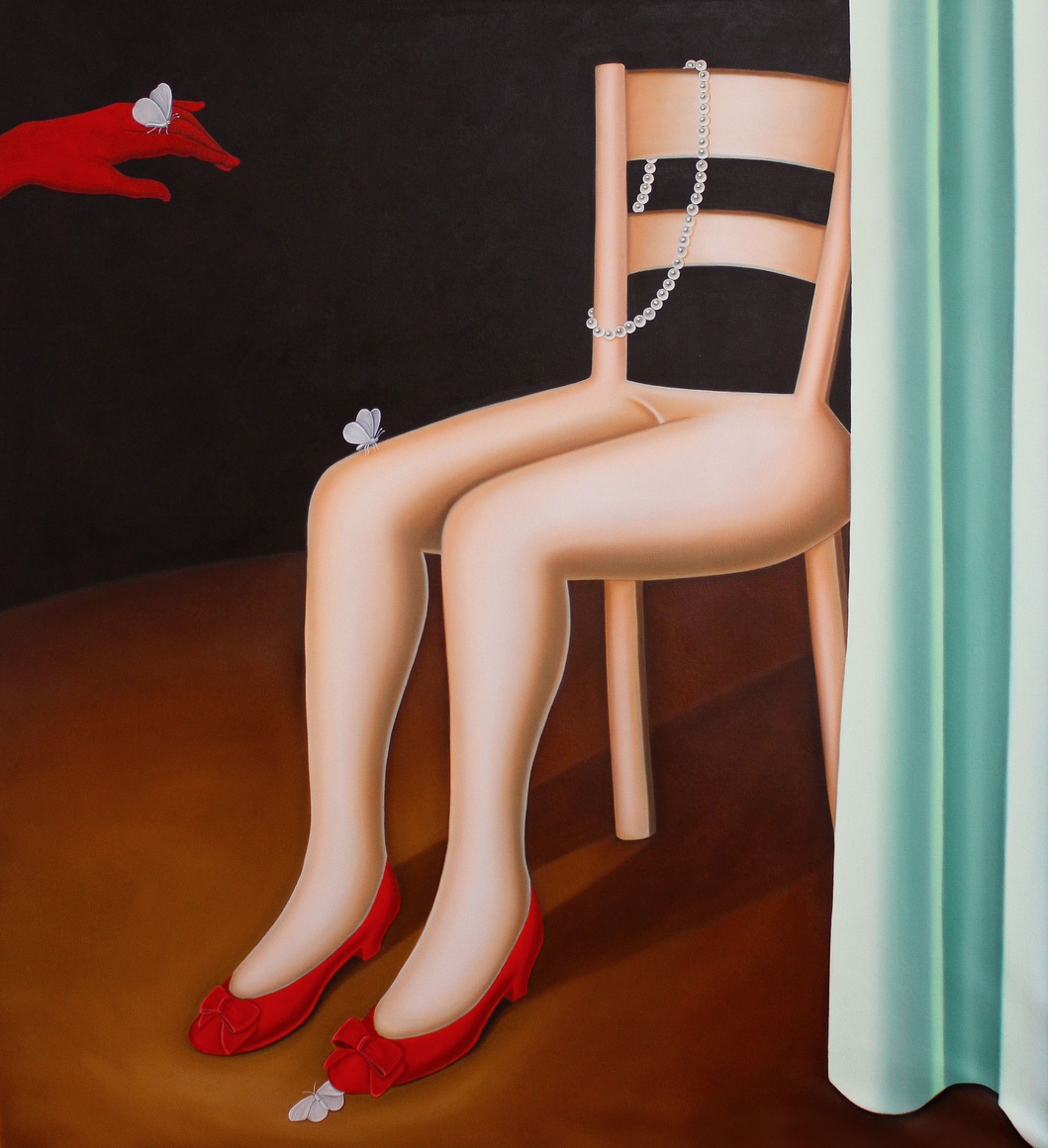Surrealist image of an anthropomorphic chair with female legs wearing high heals and a strand of pearls. A green curtain is to the right, a gloved hand to the left