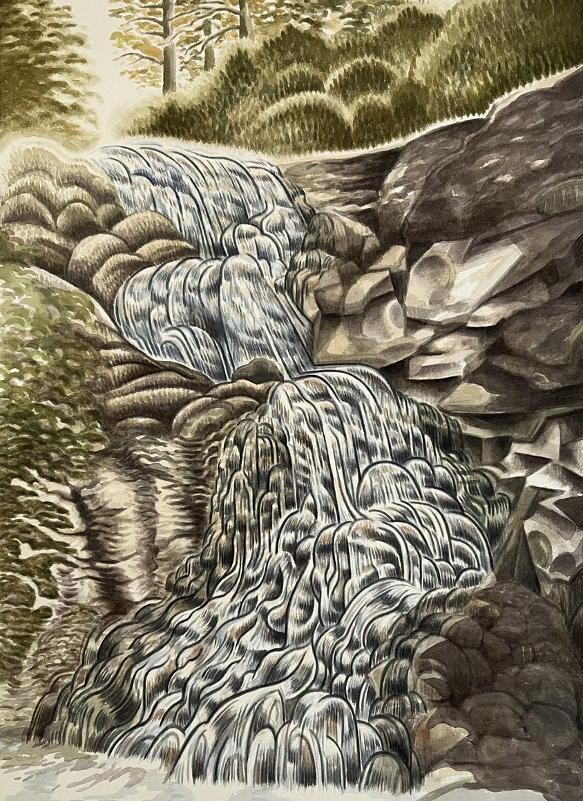 watercolor od a rocky waterfall in three sections