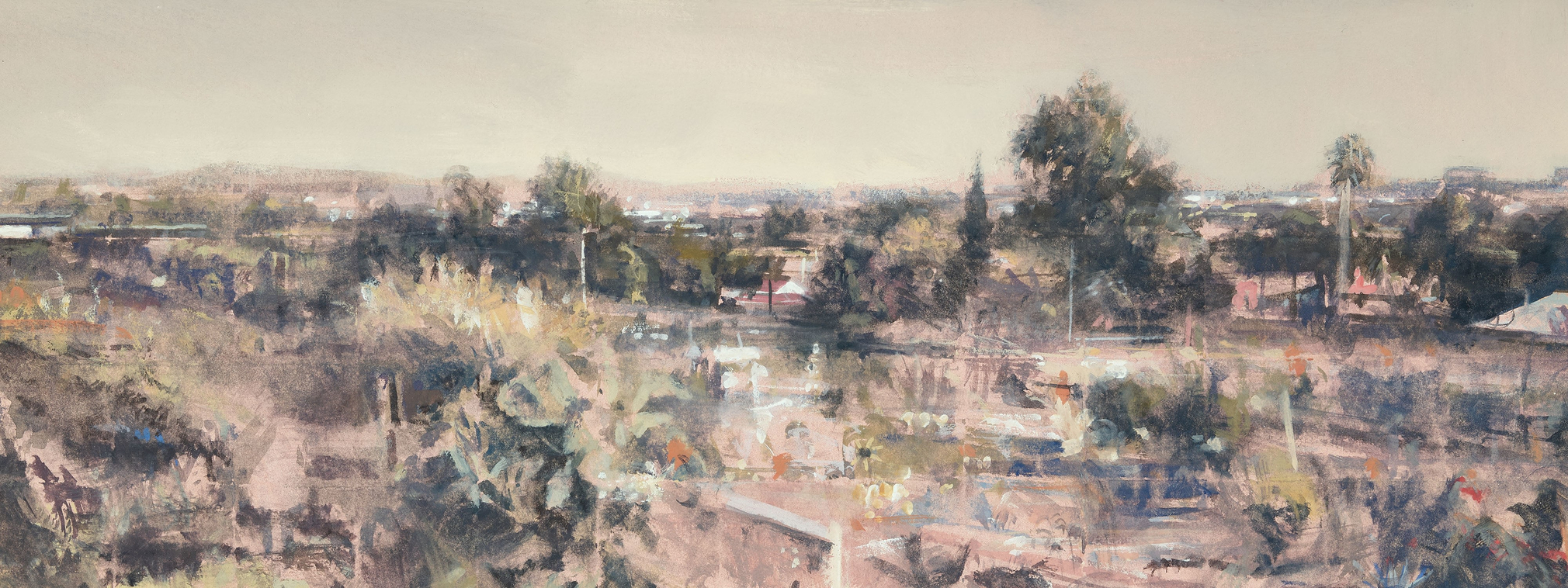 Robert Bauer, Gardens, Santa Monica, 2016, gouache on paper, 4 3/8 x 12 3/8 inches