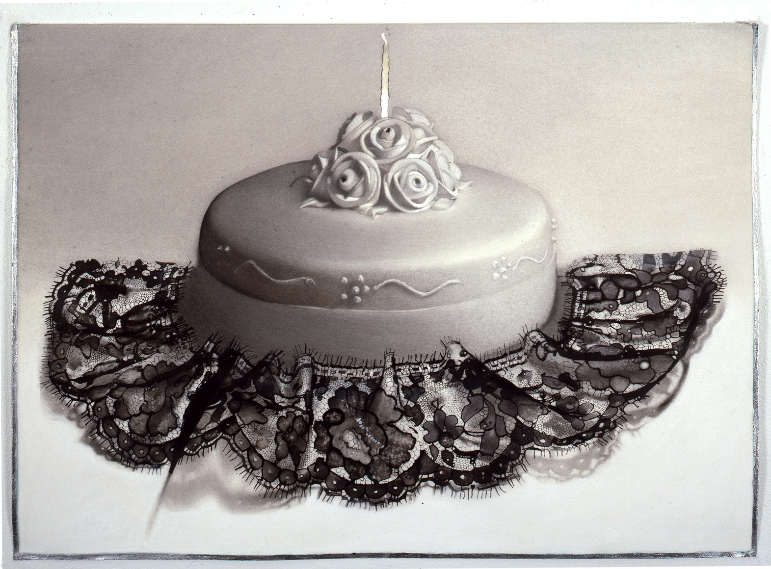 Cake, 2007, charcoal, ink, encaustic and silver leaf on paper, 23 x 33 inches