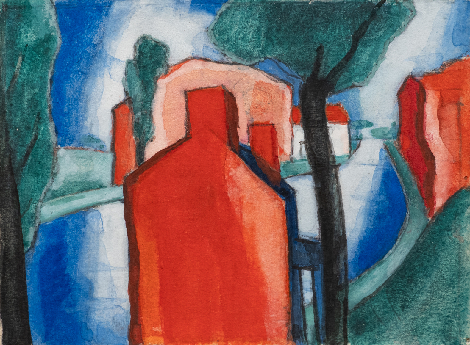 Oscar Bluemner, Untitled (Red Houses), c. 1920, watercolor and gouache on paper, 3 1/2 x 4 7/8 inches