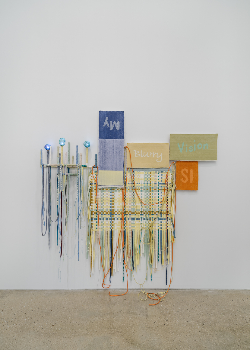 Young In Hong, A Colourful Waterfall and the Stars,&nbsp;2021, Copper Pipe, 3 glass balls, various fabrics, rubber, wood, electric cable, and 3 LED lamps, 220 x 215 x 40 cm., Courtesy of the artist and PKM Gallery.