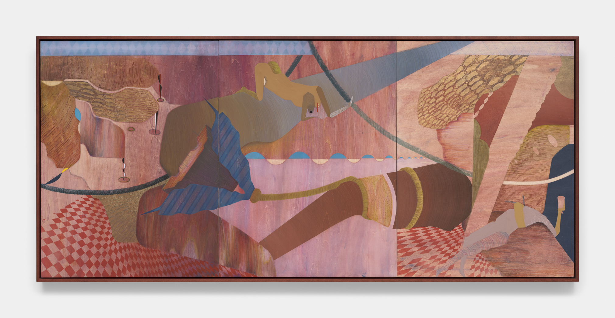 Maryam Hoseini, Oblique Landscape, 2025, Oil, acrylic, ink and color pencil on wood panel