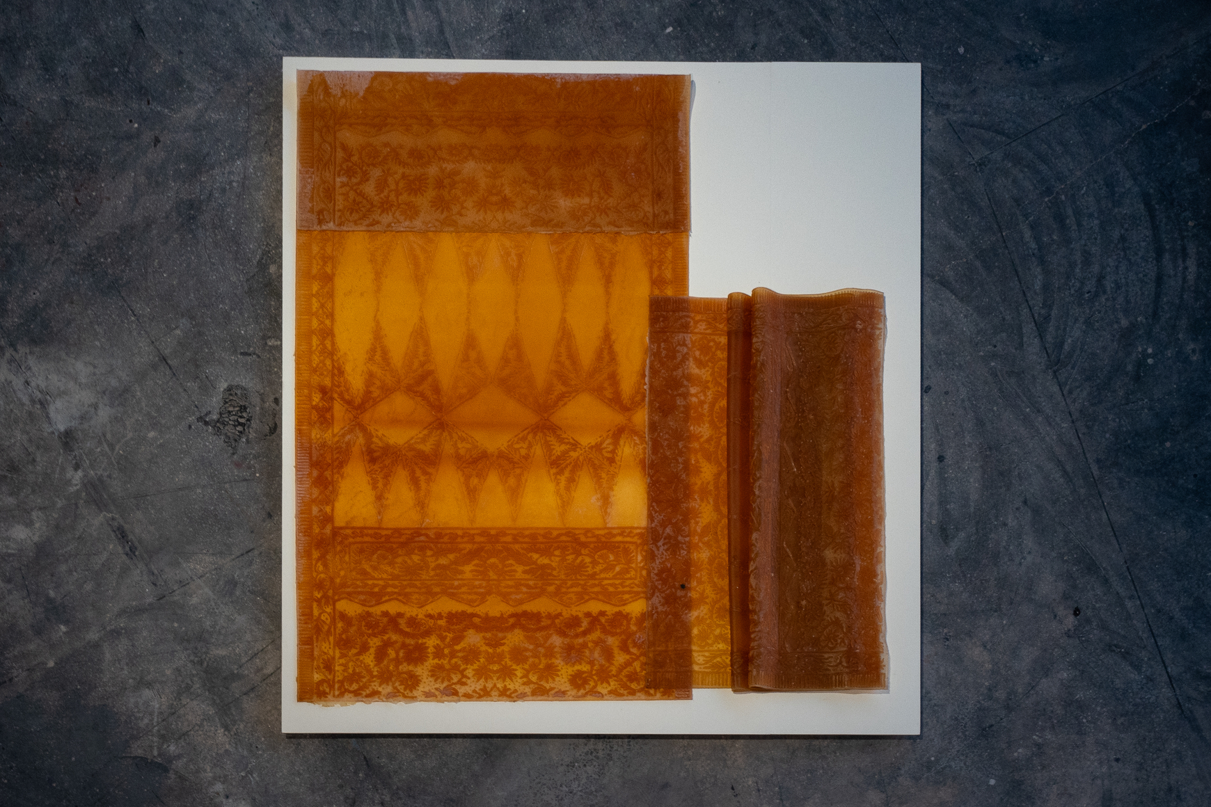 Rossella Biscotti, Annalies, 2019, Natural rubber, Composed of 2 pieces, 200 &times; 100 cm each