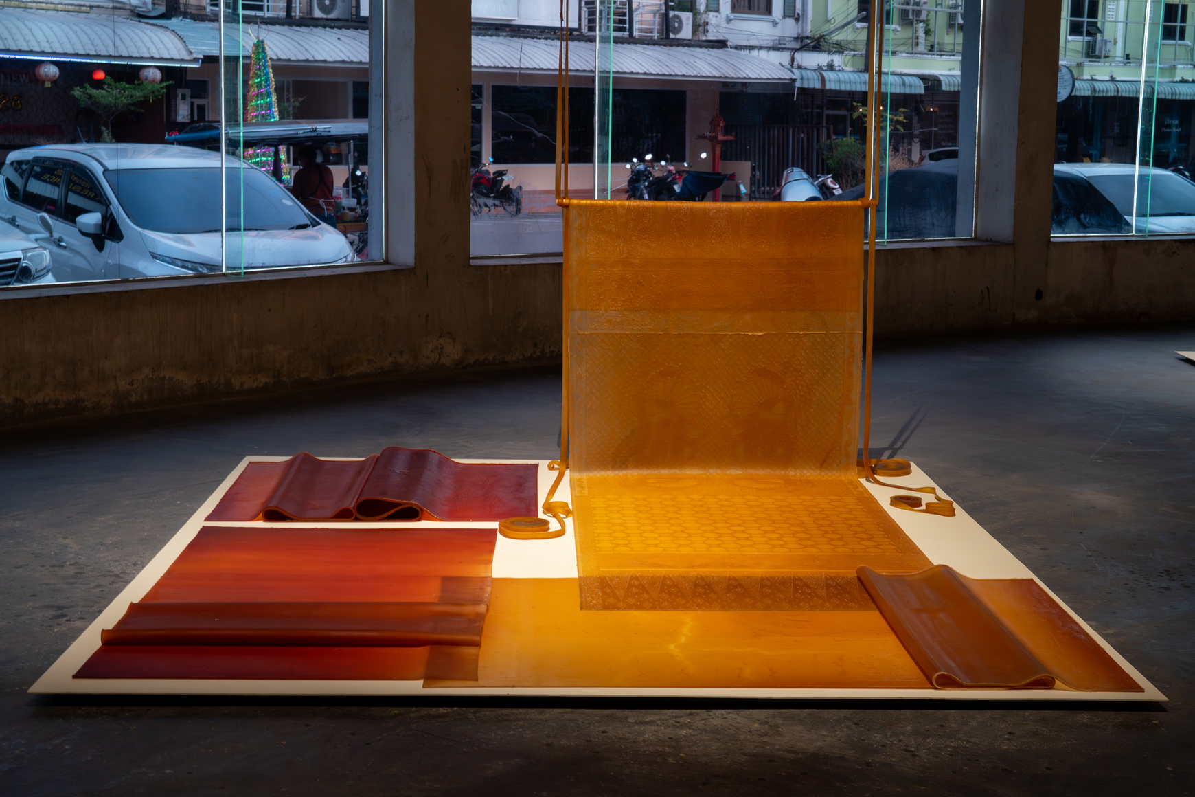 Rossella Biscotti, Sanikem&mdash;Nyai Ontosoroh&mdash;Madame Le Boucq, 2019, Natural rubber, food colouring, 350 &times; 108 cm and 210 &times; 100 cm, 3 pieces