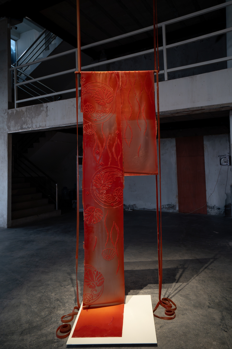 Rossella Biscotti,&nbsp;Maiko, 2022, Natural rubber, acrylic colouring, 350 &times; 43 and 175 &times; 43 cm