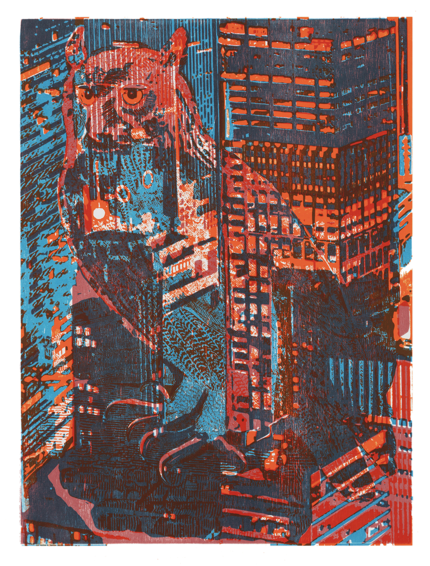 Zorawar Sidhu &amp;amp; Rob Swainston, Owl, 2026, Lithograph and woodcut on fabric, Image dimensions: 31 &frac12; x 23 &frac12; in, 80 x 59.59 cm, Edition of 3, 2 AP.
