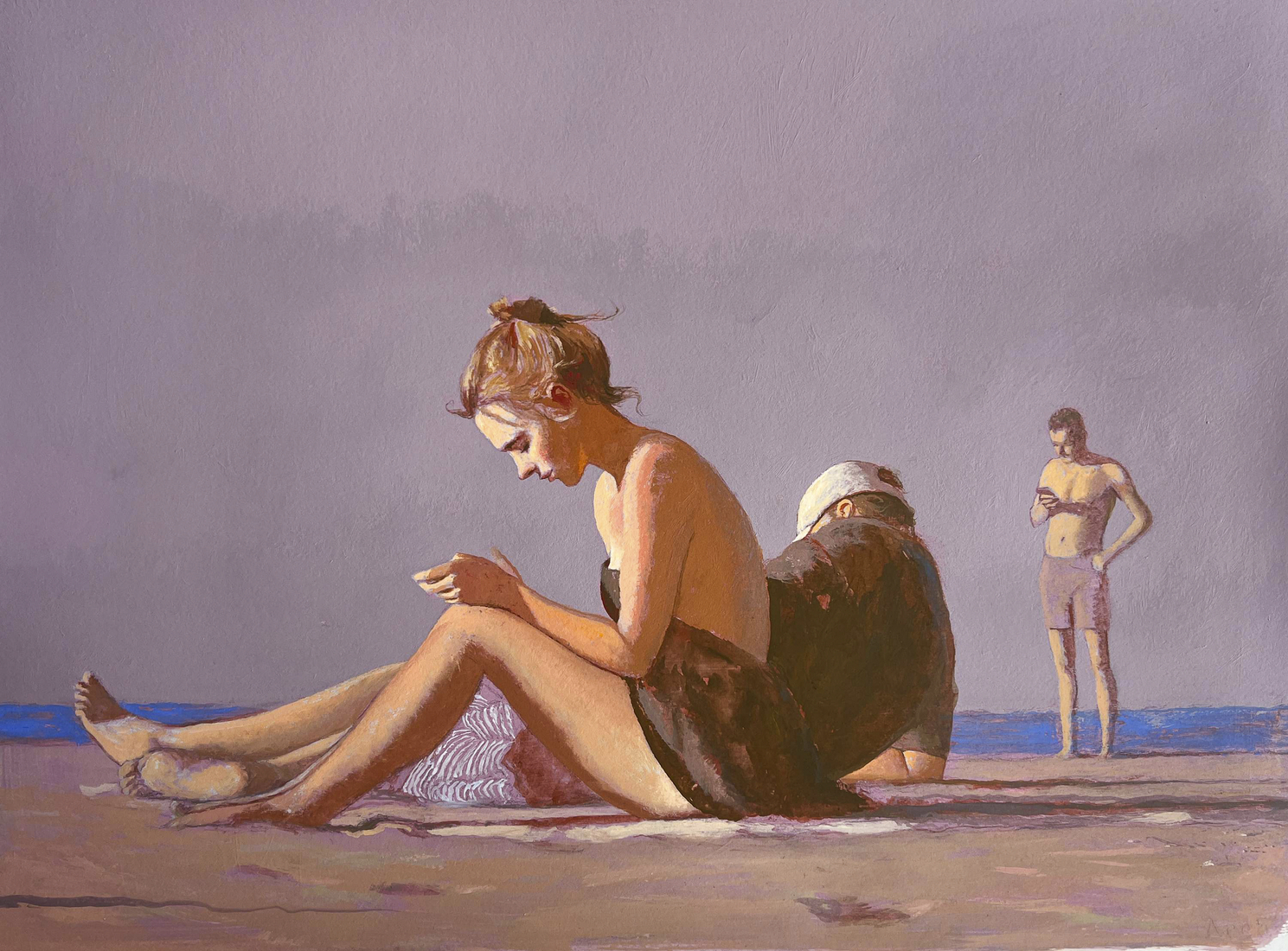 Bo Bartlett, Beach Scene (Texting), 2024, Gouache on paper, 22.5 x 30 in