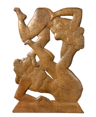 Wooden sculpture of two female figures. One figure is sitting and lifting up the other in a complex, abstract pose.