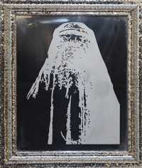 Tayeba Begum Lipi, Trapped - 9, 2013, stainless-steel razor blades and exposed drawing on polished mirror