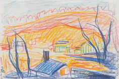 Oscar Bluemner, Hempstead Harbor at Roslyn, 1911, crayon on paper, 5 x 7 1/2 inches