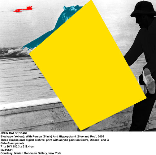 John Baldessari, Blockage (Yellow): With Person (Black And Hippopotami (Blue and Red), 2005