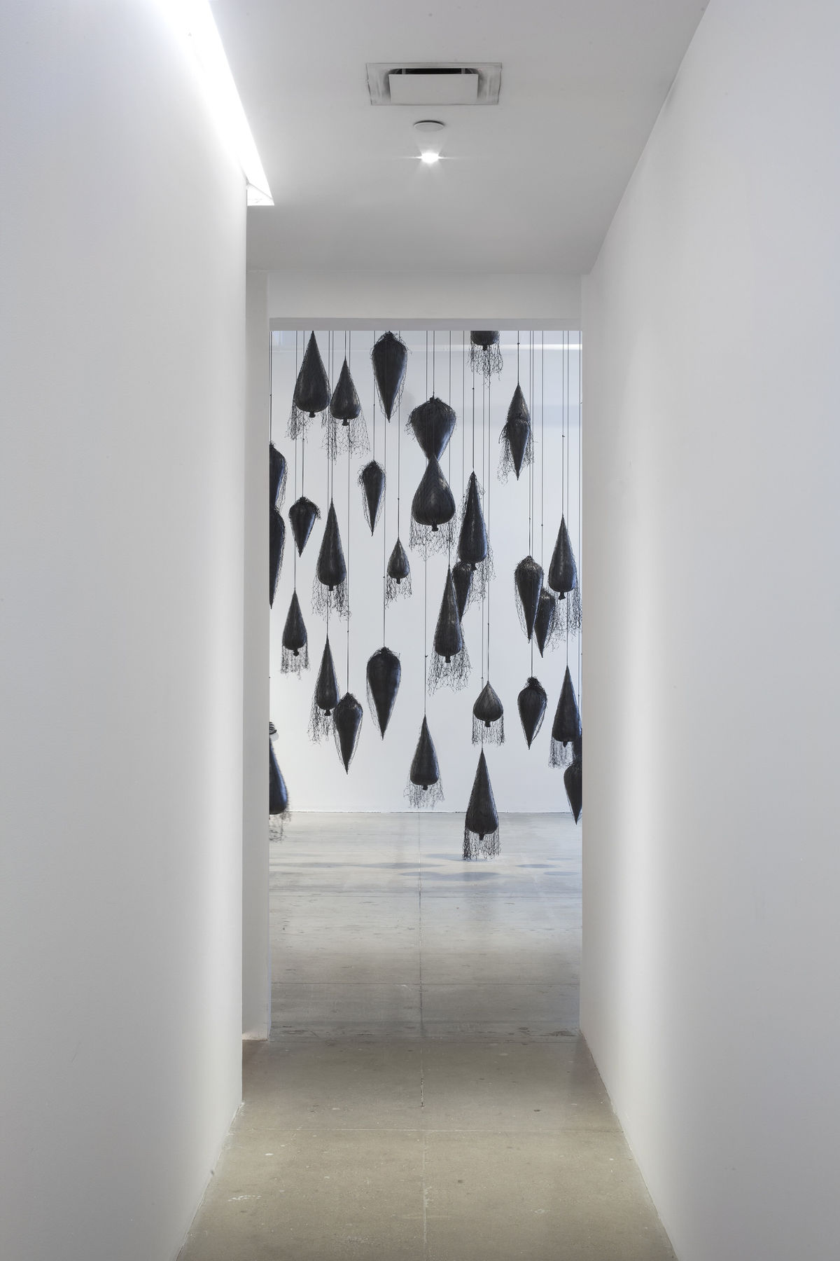A series of hanging black, balloon-like sculptures resembling trees suspended in midair.