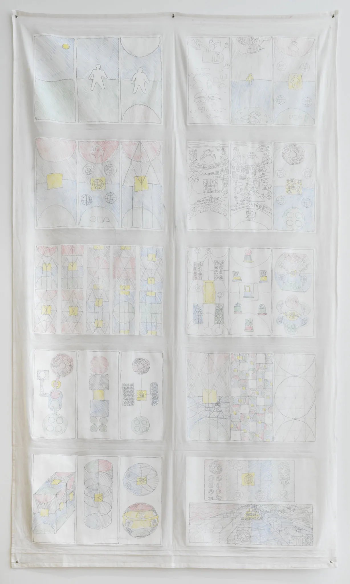 Matt Mullican Untitled (Things Change in Heaven - script), 2021 Crayon on cotton 261 x 148 cm 103 x 58.3 inches