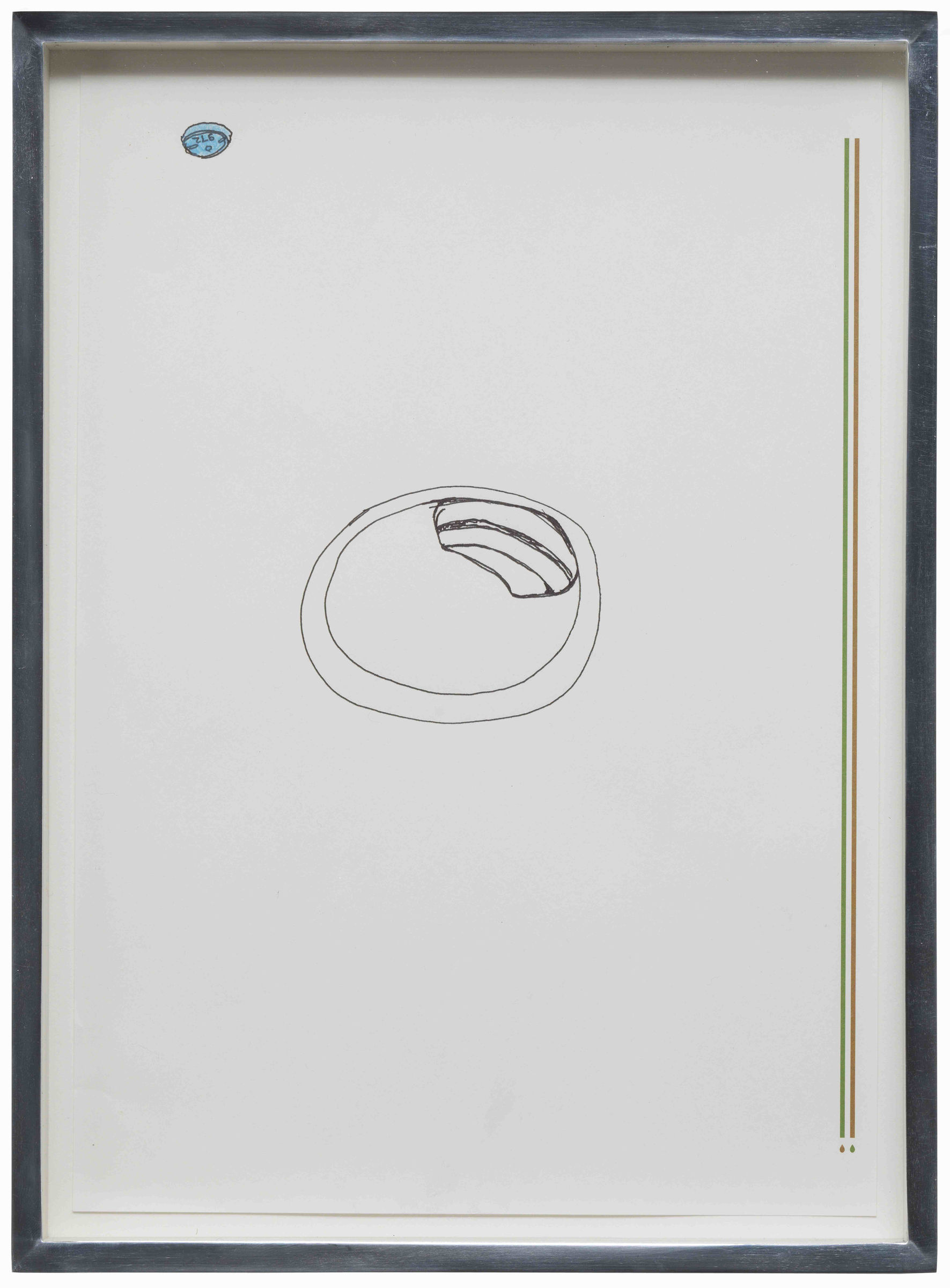 Walead Beshty Aderall, Amphetamine and dextroamphetamine 10 mg, b 972 1 0, Elliptical / Oval, scored, Teva Pharmaceuticals USA, Polychromos, Faber Castell, Light Phitalo Blue, 9201 - 145, (November 4 - 5, 2014), 2014 Ink and Color Pencil on Paper 8.3 x 11.7 inches / 21 x 29.7 cm Framed: 12.8 x 9.4 inches / 32.5 x 23.8 cm