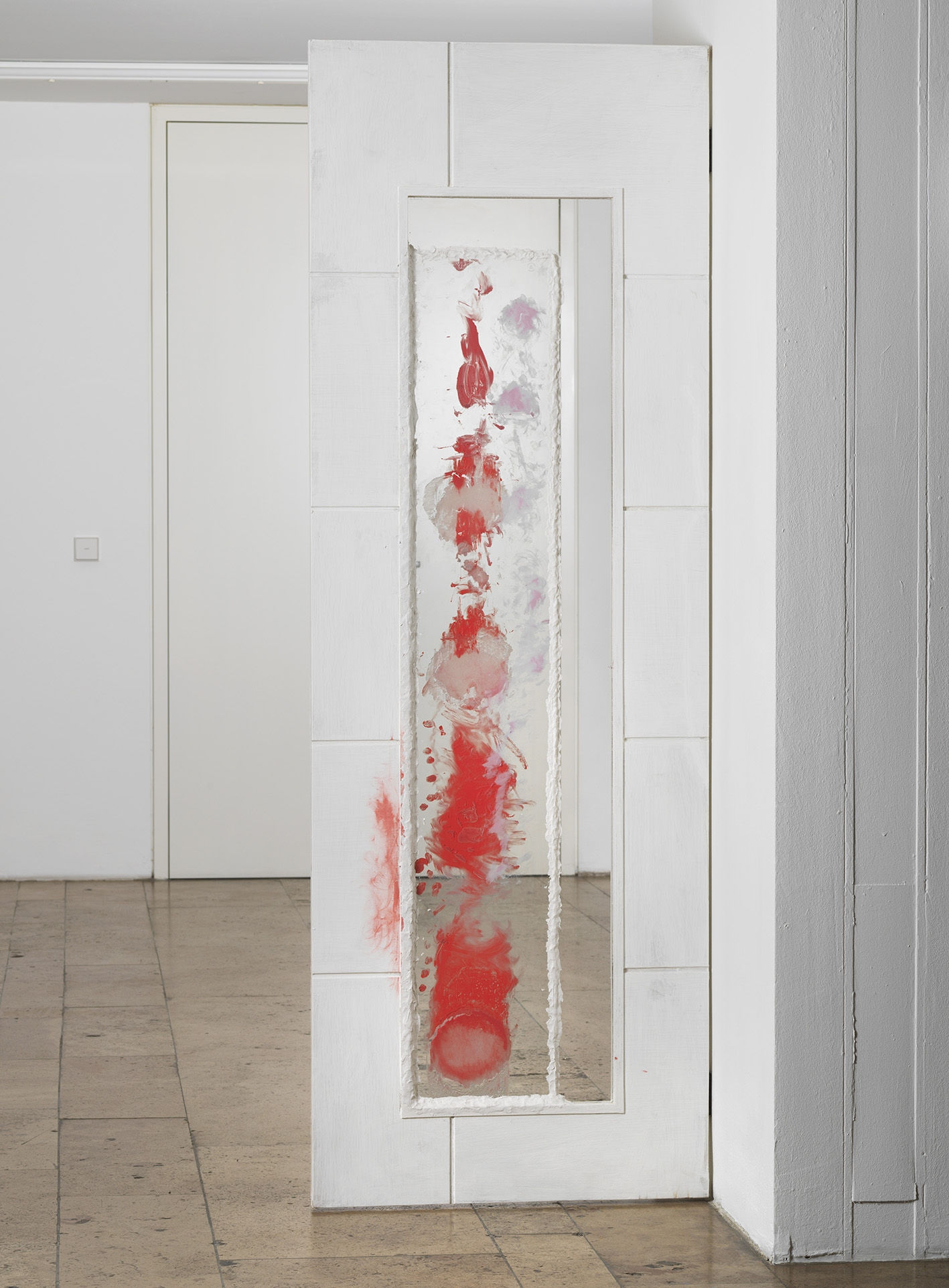 Karla Black Real Figures To Print, 2018 Glass, wood, clay, paint, vaseline, lipstick 199.5 x 69 x 3.5 cm