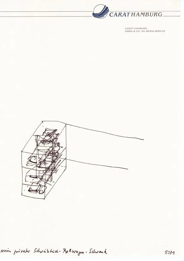 Peter Piller mein privater Schreibtisch-Rollwagen-Schrank, 2001 Ink on paper 29.7 x 21 cm 11.69 x 8.27 inches