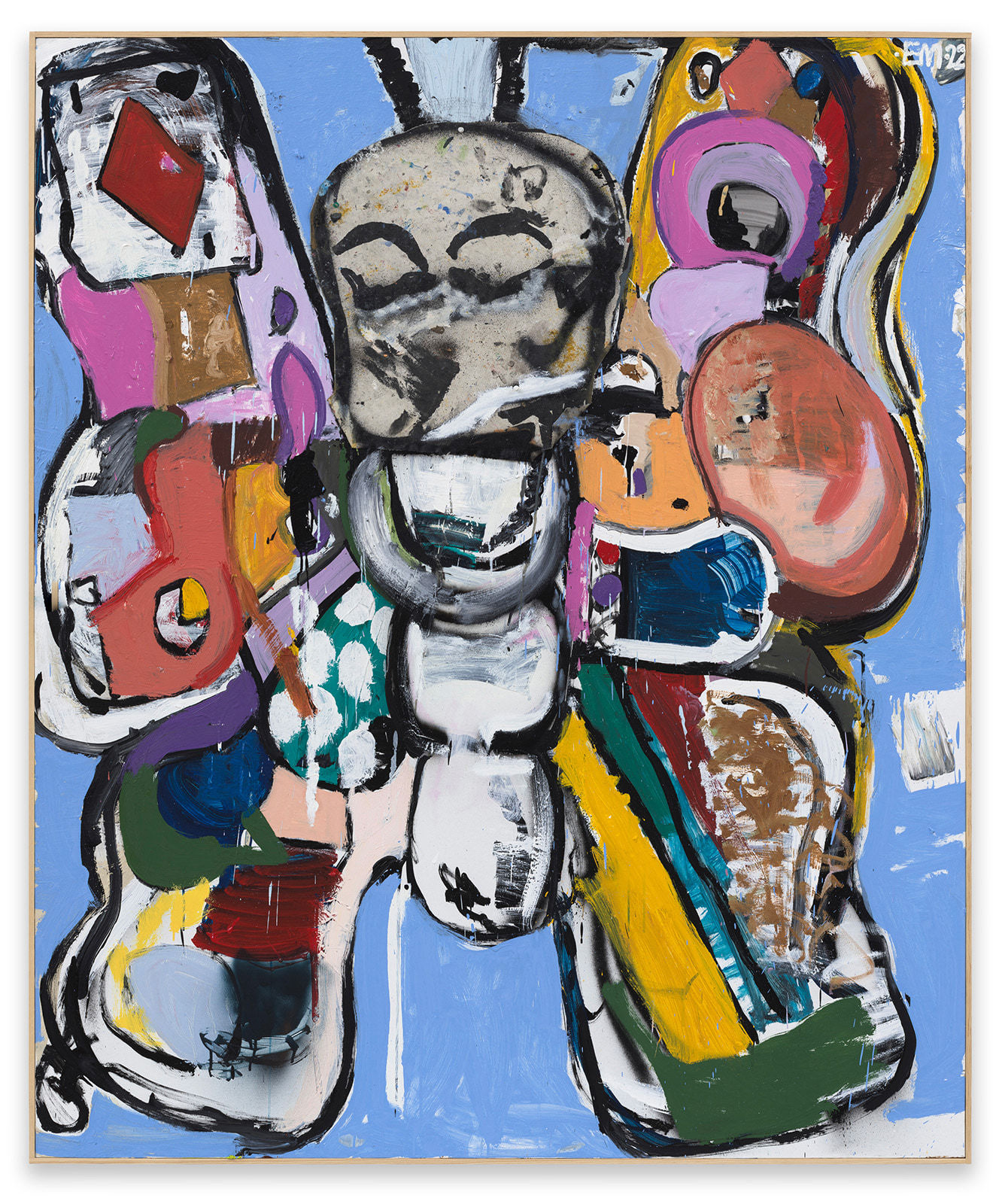 Eddie Martinez Bufly No. 17 (Face mask), 2022 Oil, acrylic, spray paint, canvas collage and pushpins on canvas in artist‘s frame Signed and dated recto 184.2 x 153.7 cm 72.5 x 60.5 inches