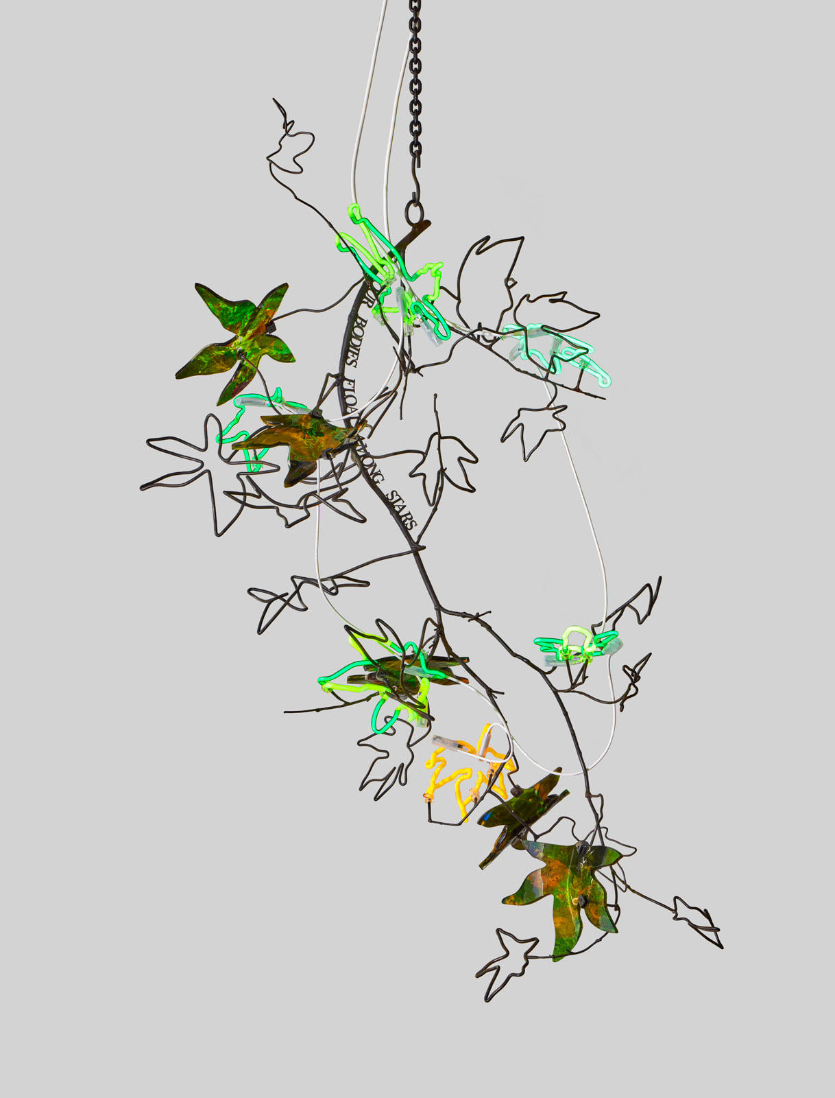 Andrea Bowers, Chandeliers of Interconnectedness (Our Bodies Float Among Stars, Quote by Susan Griffin), 2023