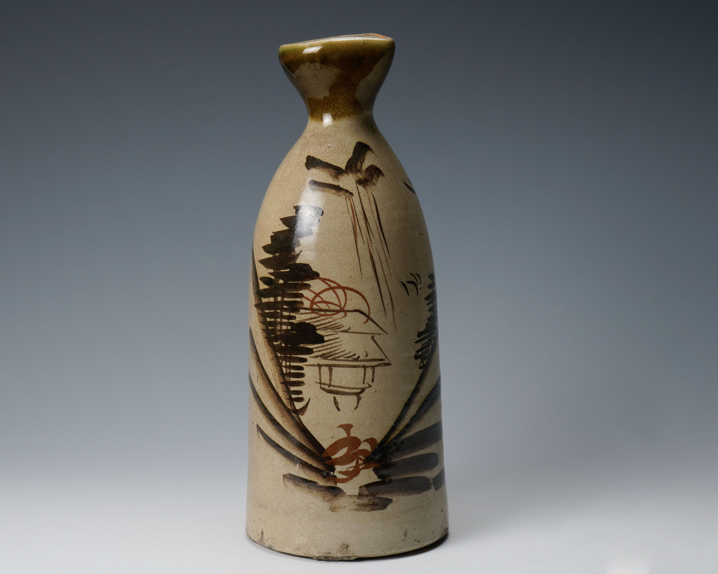 Large Seto sake bottle showing a mountain waterway landscape 瀬戸