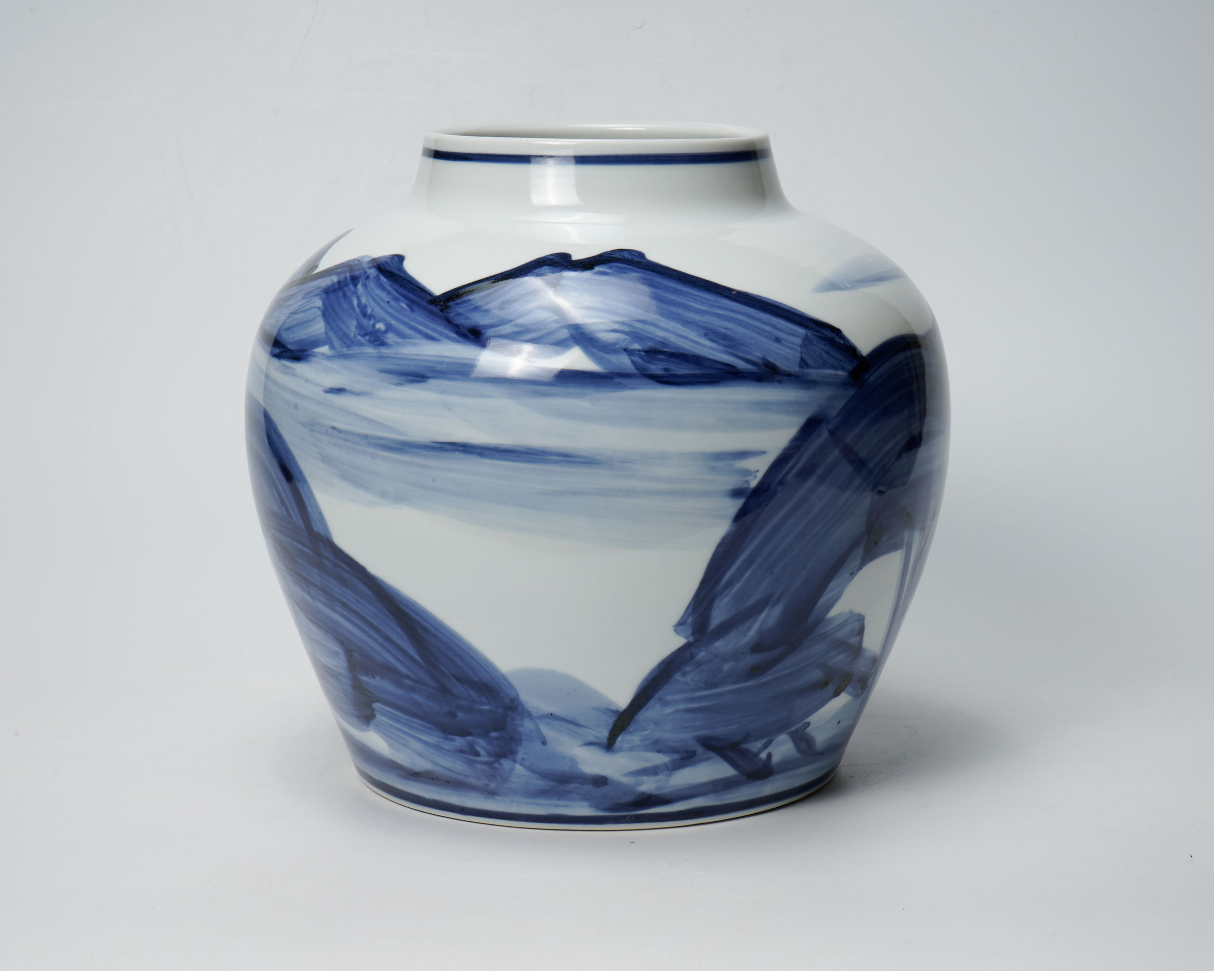 Kondo Yuzo 近藤悠三, Sometsuke Flower Jar with a Mountain Scene 山