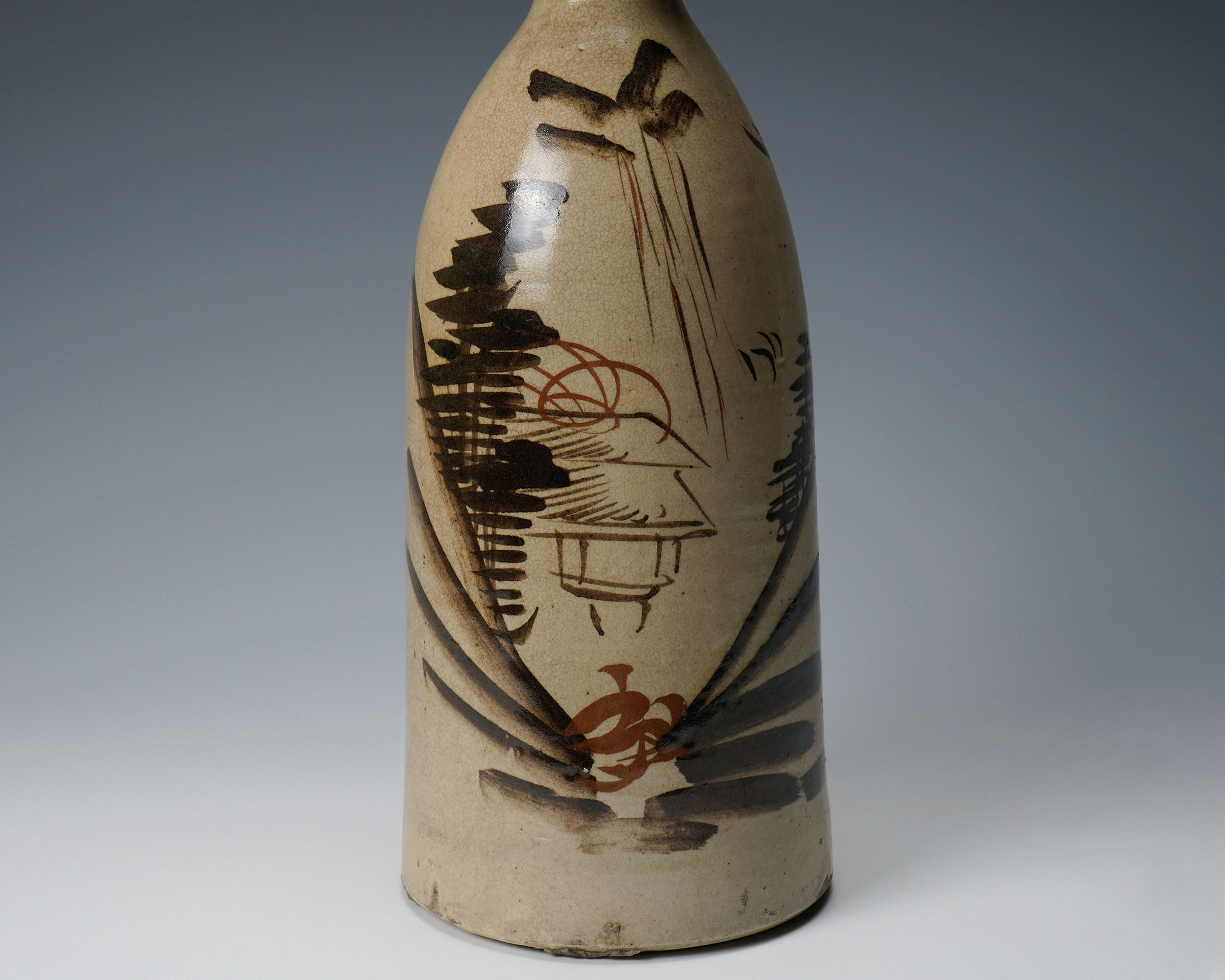Large Seto sake bottle showing a mountain waterway landscape 瀬戸