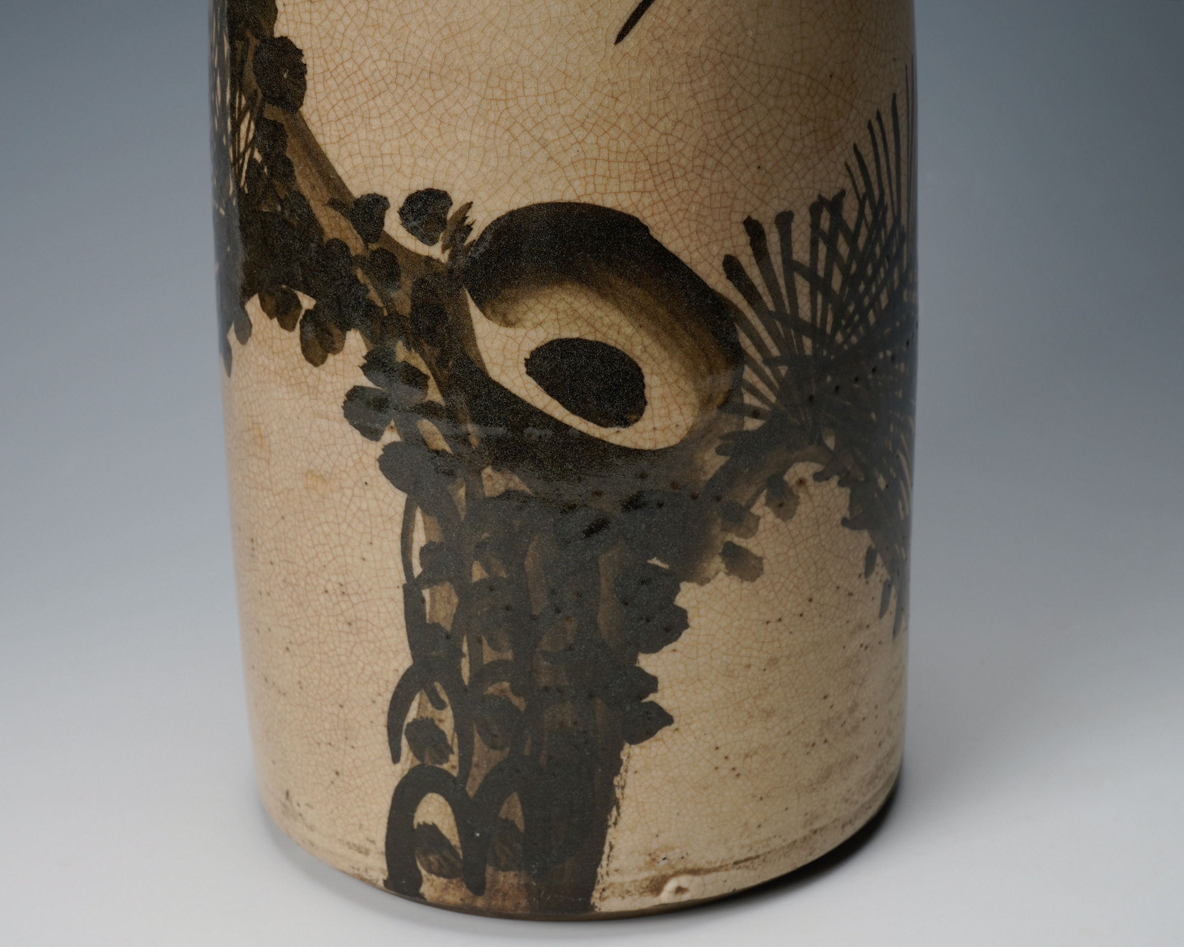 No. 1 Large Seto sake bottle with iron painted pine tree and crane