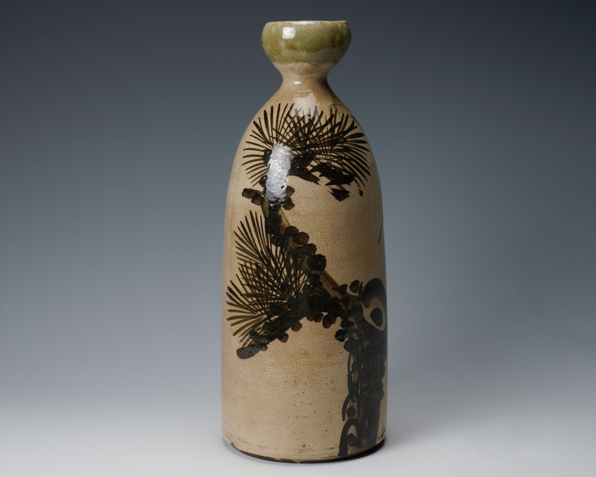 No. 1 Large Seto sake bottle with iron painted pine tree and crane