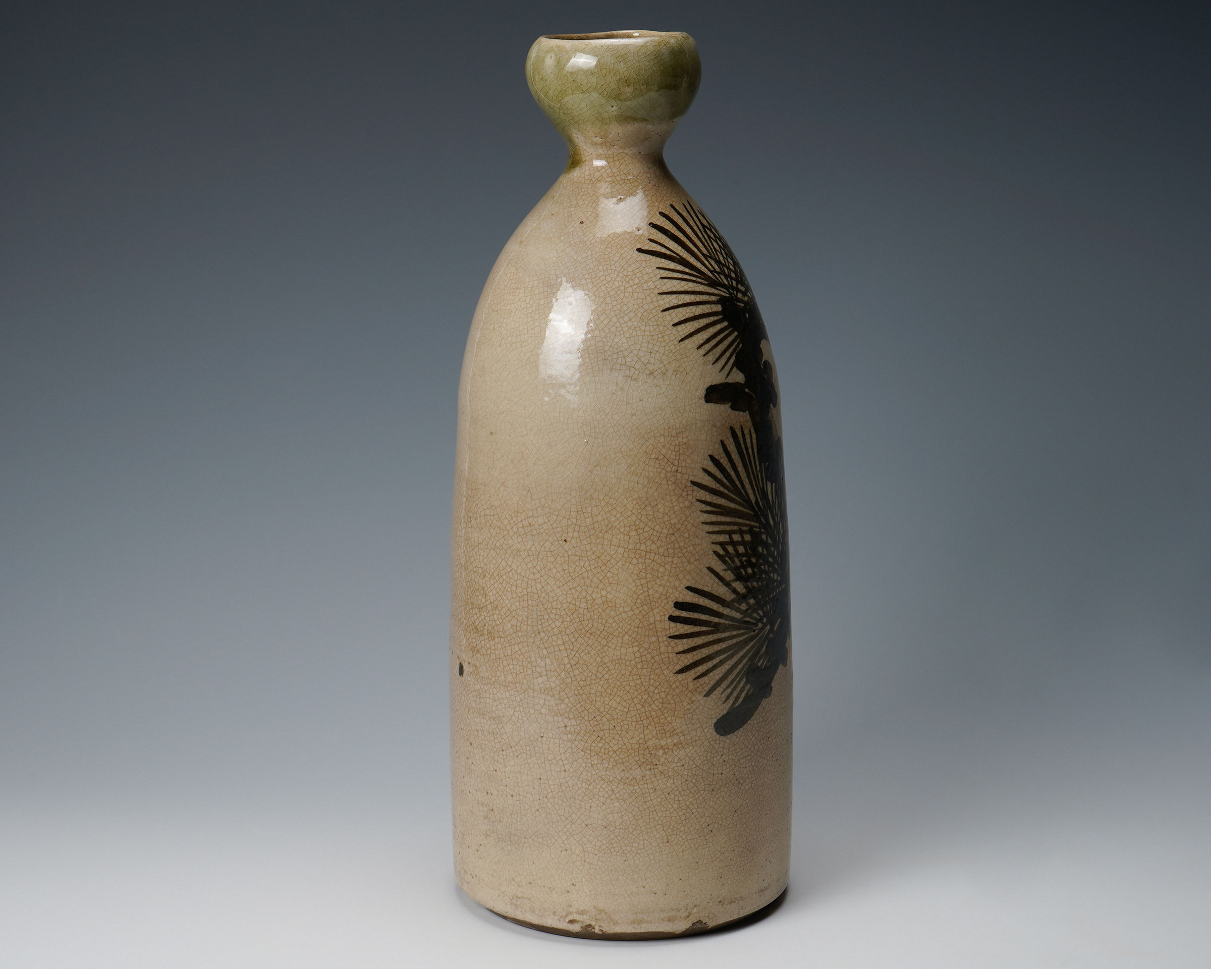 No. 1 Large Seto sake bottle with iron painted pine tree and crane