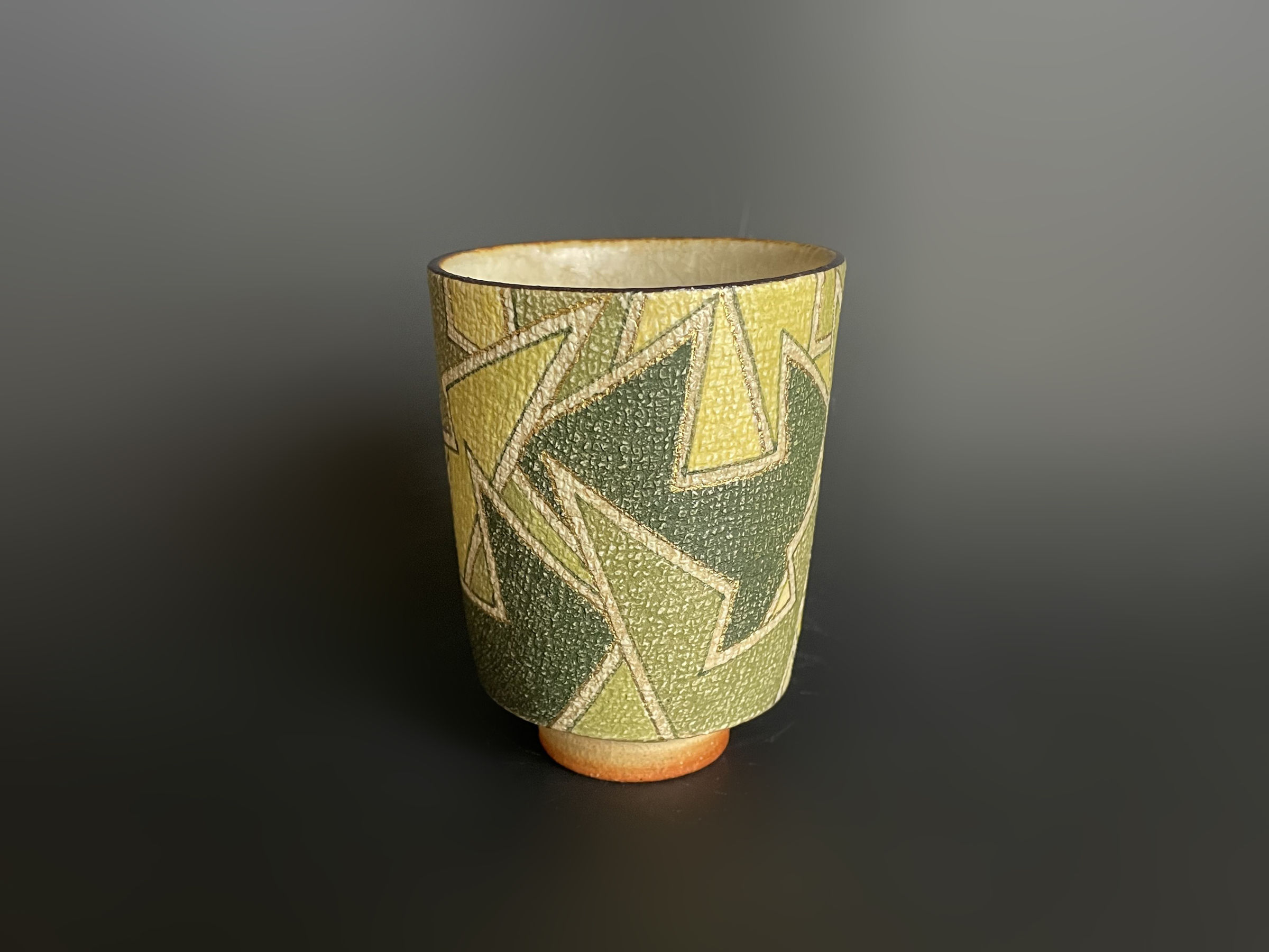 Fukuno Michitaka 福野道隆, Green Nunome Inlaid Teacup 布目象嵌
