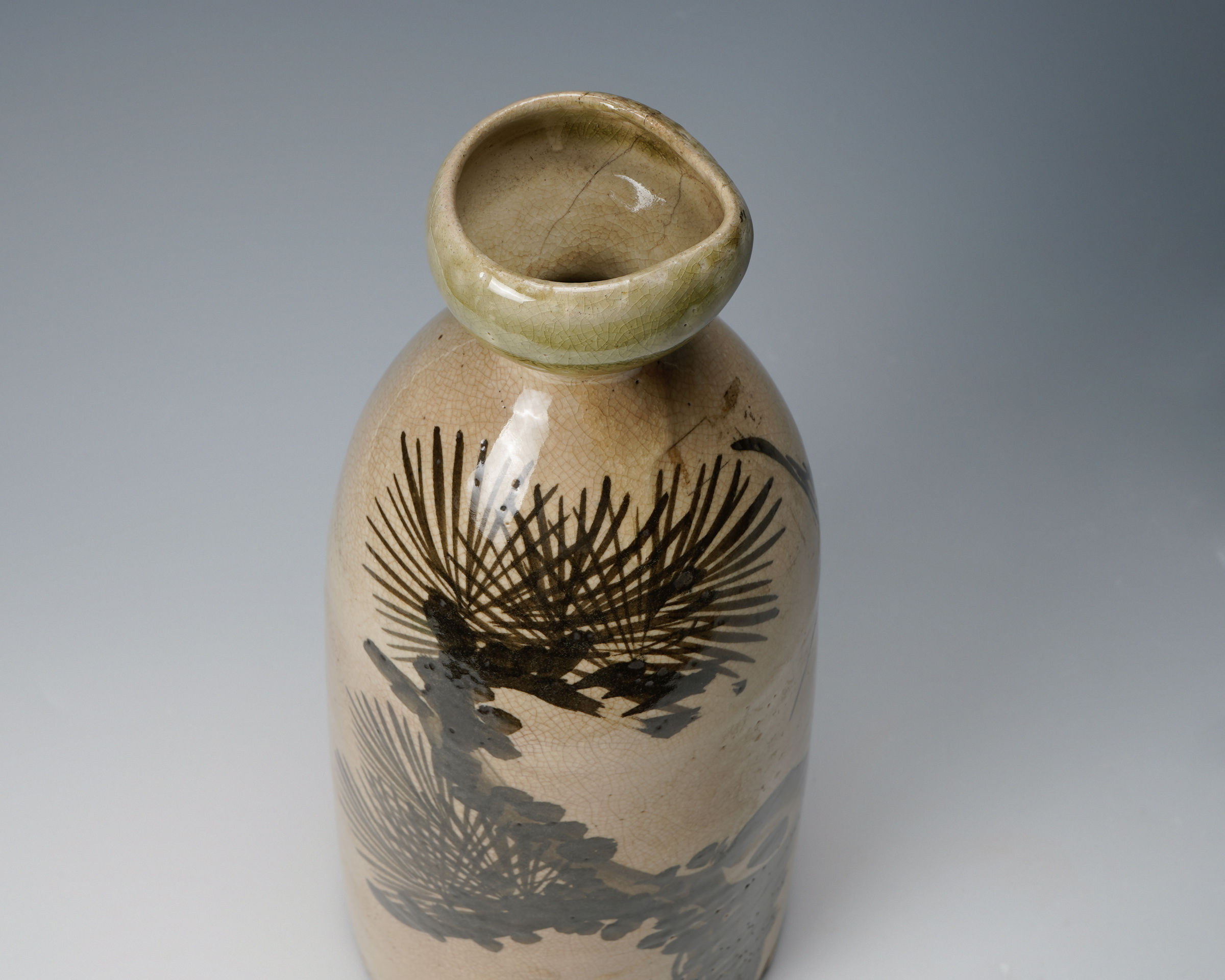 No. 1 Large Seto sake bottle with iron painted pine tree and crane