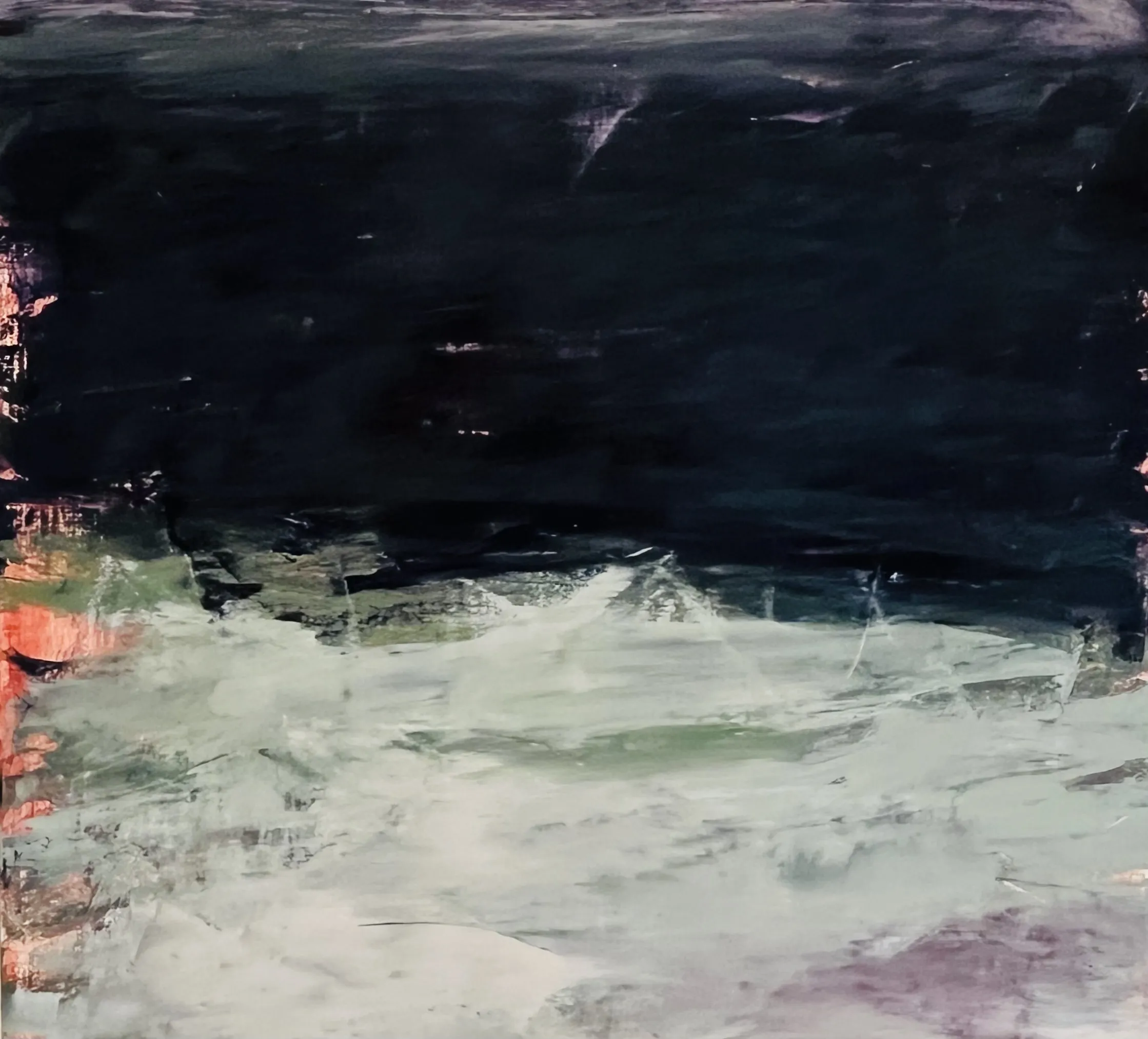 Black Light Pouring Over Effervescent Green Wave. Oil on Linen mounted on MDF (45 x 49.5 cm)