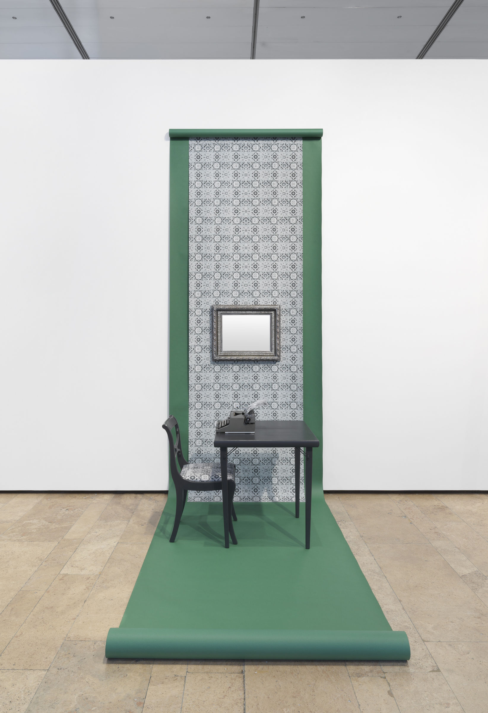 BARBARA BLOOM, REFLECTIONS ON MRS. AND MR. VN, 2020 Seamless backdrop paper, table, chair, wallpaper, framed mirror, typewriter, photograph Dimensions variable