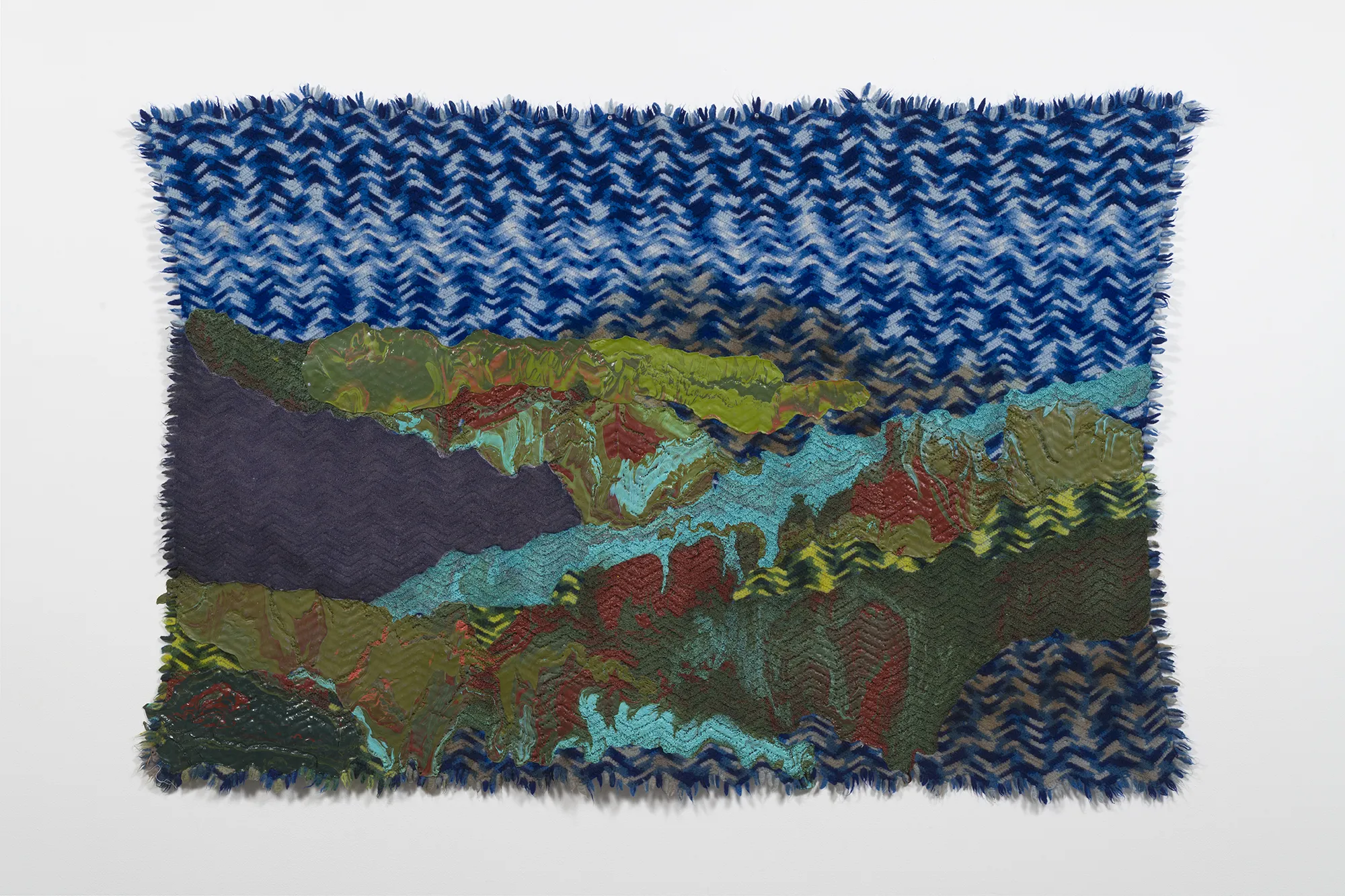 Rodney McMillian, Untitled (landscape on blue afghan), 2018. Latex, ink on blanket, 48 x 74 inches.