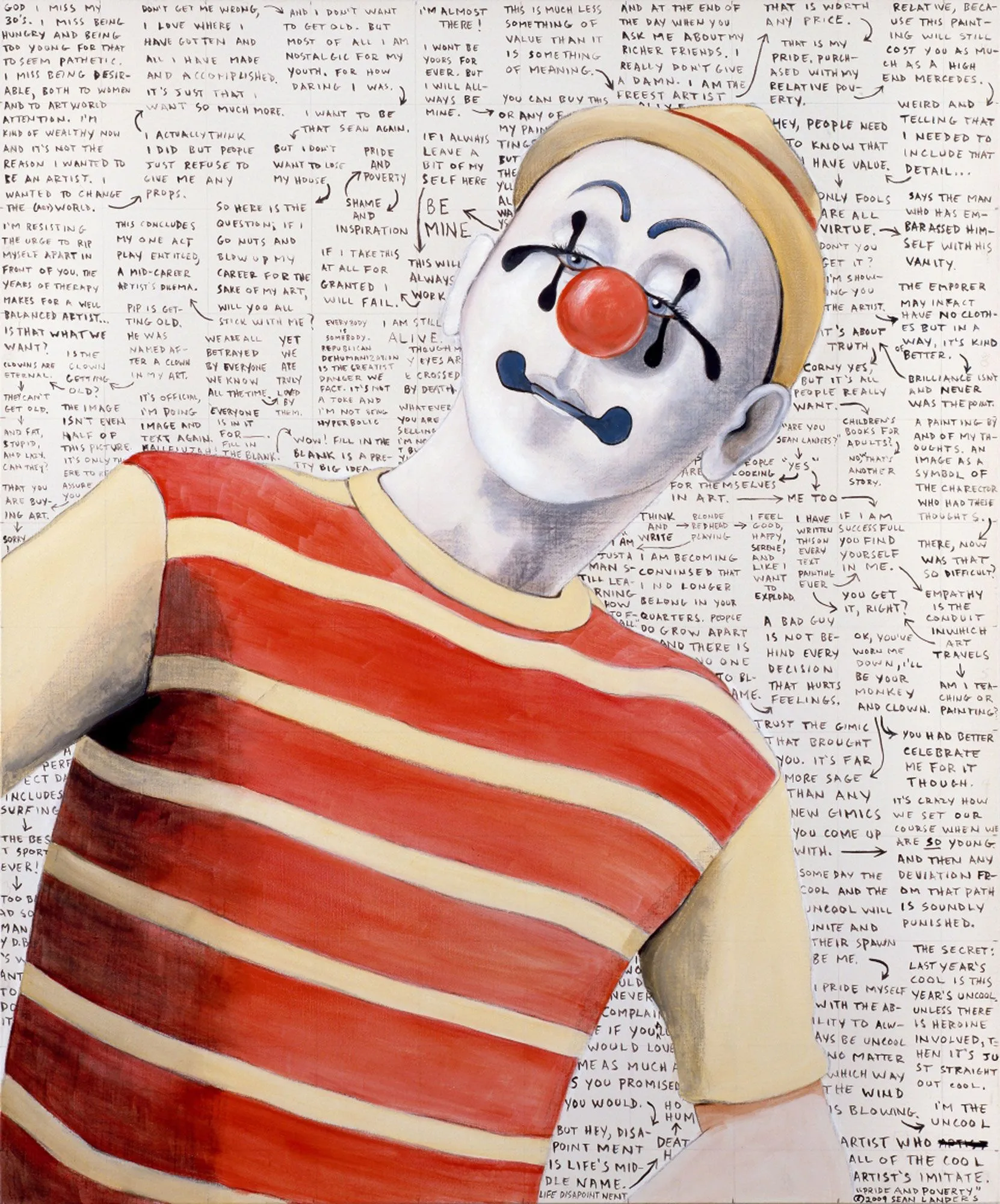 艺术家的早期作品起源于他的写作,之后他将其写作内容转化为画面。如此以来文字就变成了图像。这种忏悔式的、自传式的叙事主线始终贯穿着他的创作。他实践并运用了各种主题和方式。兰德斯大量的艺术创作经常参照艺术史上的名作。例如,他的霍加斯系列是基于威廉-霍加斯1732年的画作而创作的。他还特别迷恋马格利特的瓦希时期,这启发了他超现实主义的自发性创作方式。 这些灵感来源使兰德斯结合了他标志性的幽默而凄美的主题,如悲伤的小丑、格子纹路的动物、拟人化的树木等等创作了一系列的 作品。