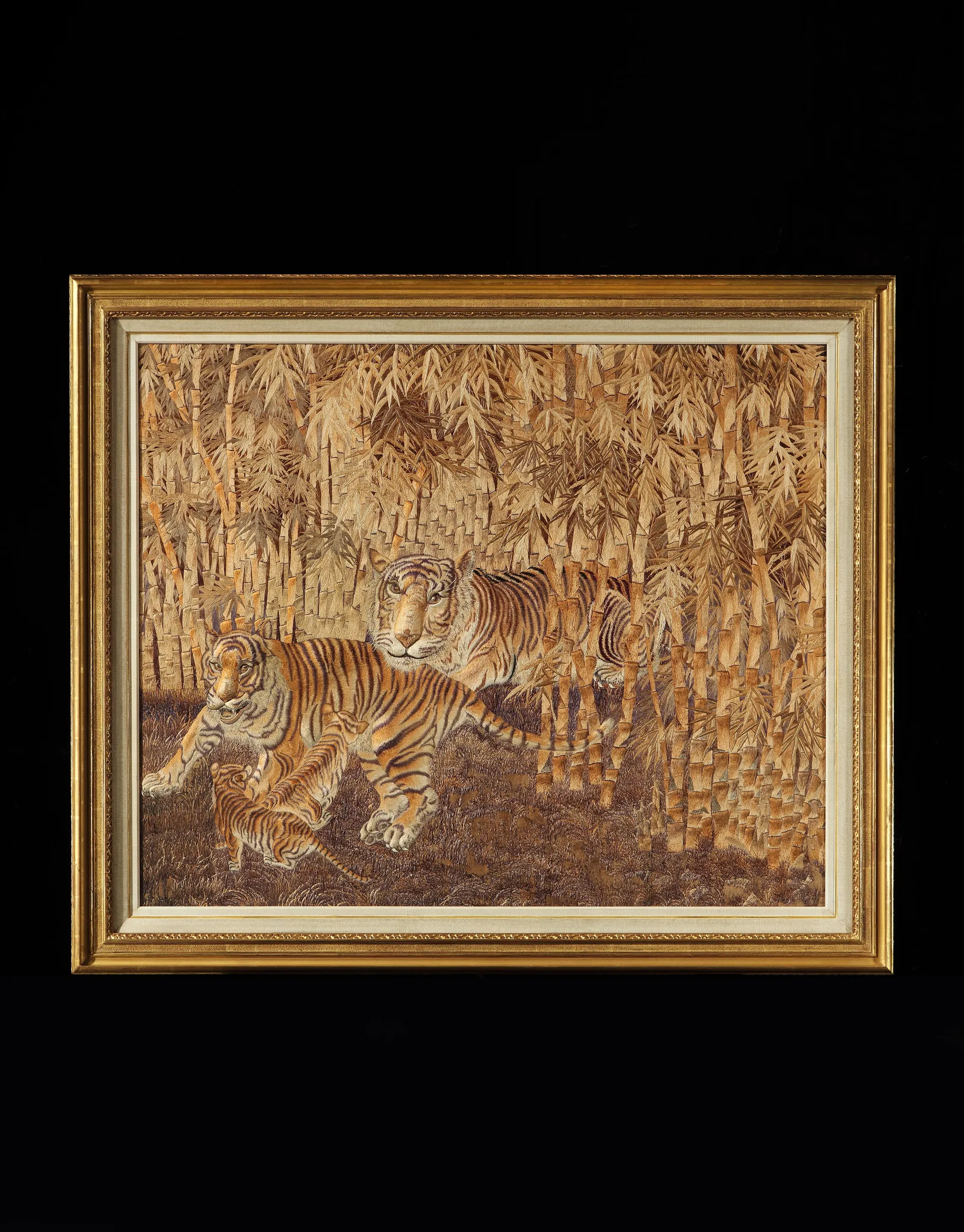 A JAPANESE EMBROIDERED SILK PANEL OF TIGERS, Japanese, circa 1880