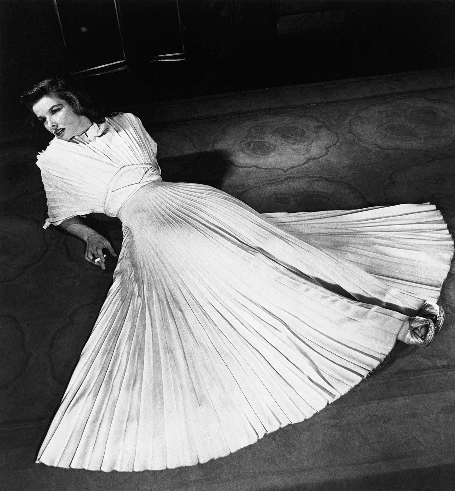 Katharine Hepburn in pleated dress