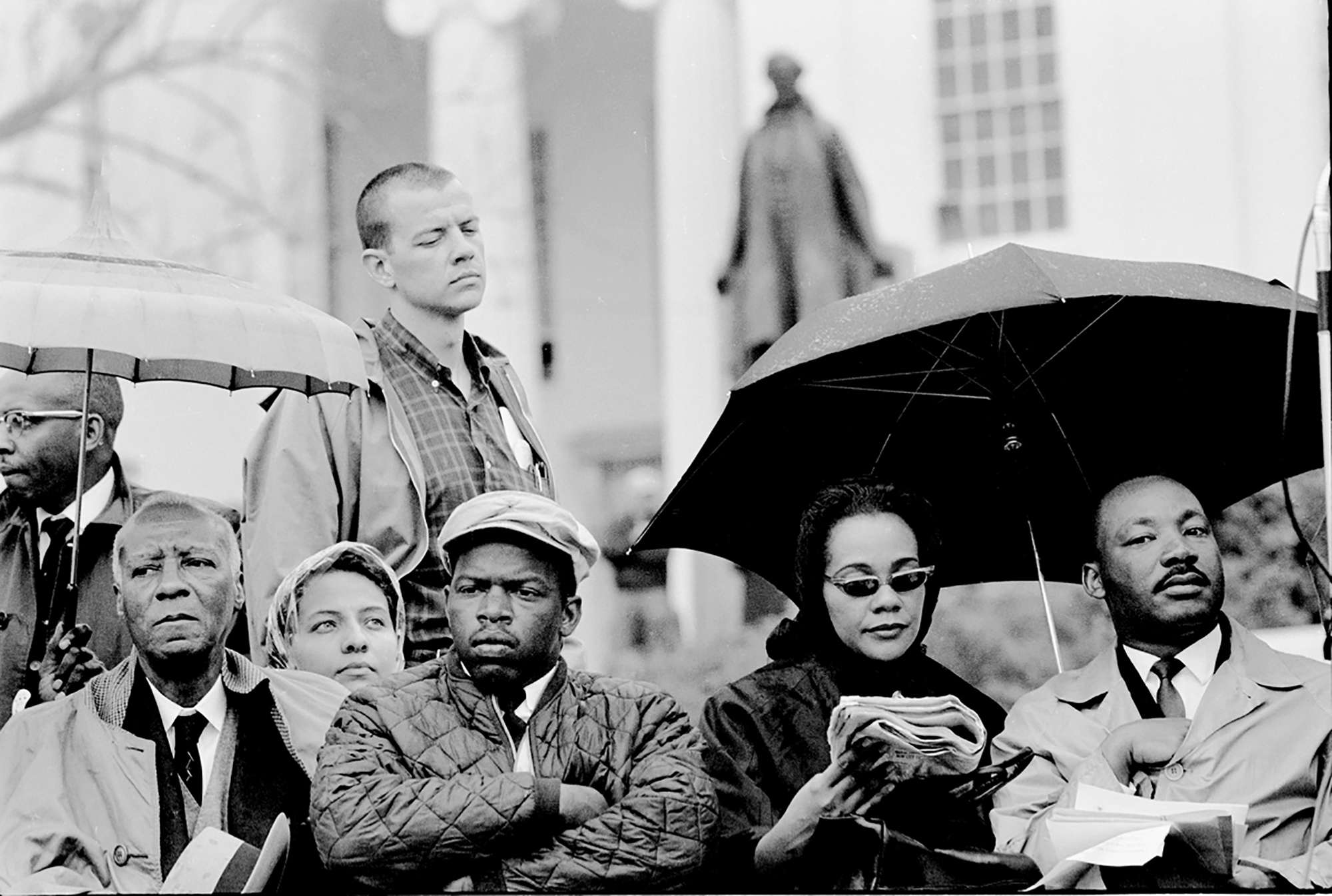 Steve Schapiro, Philip Randolph, John Lewis, Coretta Scott King, and Martin Luther King on the Steps of Montgomery Capitol after the Selma March concluded