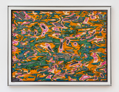 Untitled, June 2025, graffiti wall, plastic sheet, and wood veneer laminate in custom aluminum frame