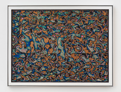 Where Do We Come From? What Are We? Where Are We Going?, January 2026, graffiti wall, plastic sheet, and wood veneer&nbsp;laminate in custom aluminum frame