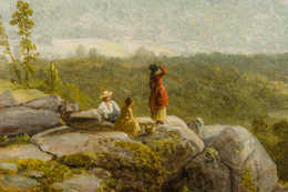 ASHER BROWN DURAND (1796&ndash;1886), "Dover Plains, Dutchess County, New York," about 1848. Oil on canvas, 19 x 21 1/2 in. Detail of lower-left quadrant, showing three hikers on a rock outcrop.