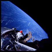 David Scott Floating In the Hatchway of Command Module Gumdrop;, Photographed by Russell Schweickart, Apollo 9, March 3-13, 1969