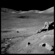The Valley of Taurus-Littrow From Split Rock, With Trash and Footprints;&nbsp;, Photographed by Harrison Schmitt, Apollo 17, December 7-19, 1972