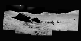 Composite of Eugene Cernan and the Lunar Rover At "Split Rock";, Photographed by Harrison Schmitt, Apollo 17, December 7-19, 1972