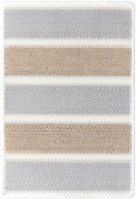 kailani 1'6" x 2'3" sample in the villa colorway. four thin lines made of chevron patterning lay horizontally on the sample with thick alternating gray and brown colored blocks in between the white chevron lines