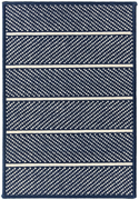 1'6" x 2'3" springfield sample in the navy colorway. the design contains thin horizontal lines separating a dotted field.