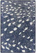 1'6" x 2'3" mecca sample in the navy colorway. the way the carpet is woven makes it look like it has a moire effect. the design looks like a flurry of snow against a dark blue night.