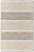 kailani 1'6" x 2'3" sample in the boardwalk colorway. four thin lines made of chevron patterning lay horizontally on the sample with thick alternating beige and brown colored blocks in between the dark chevron lines