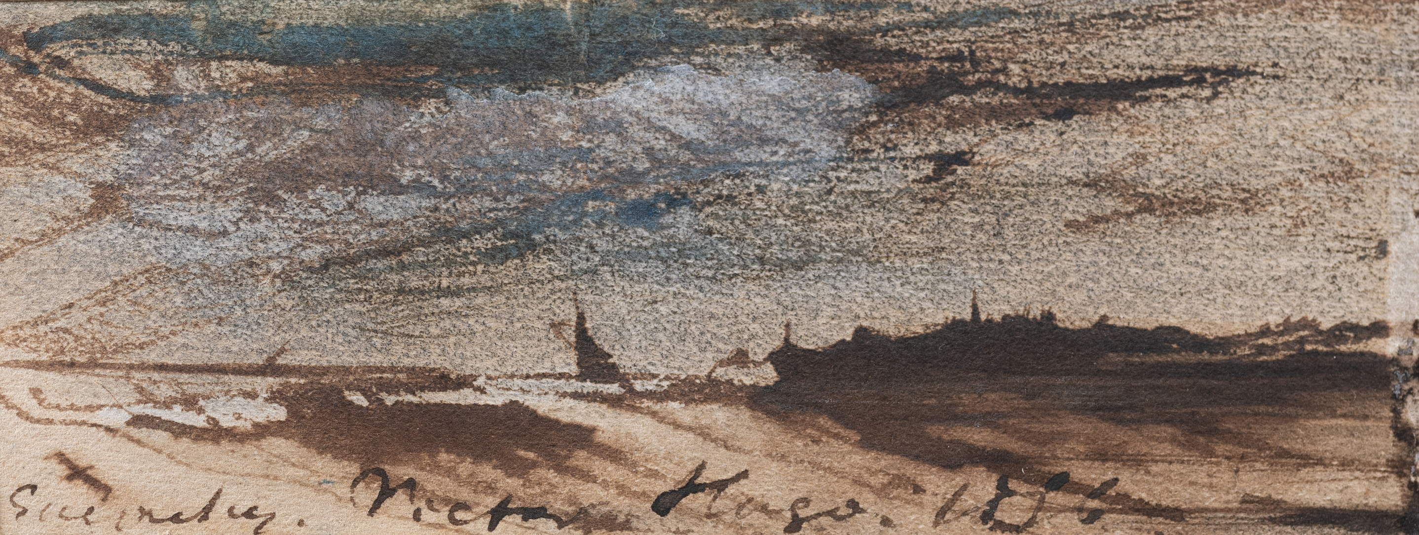 Seaside in&nbsp;Guernsey  Pen, brown ink wash, charcoal and watercolor on paper 1 5/8 x 4 5/8 inches